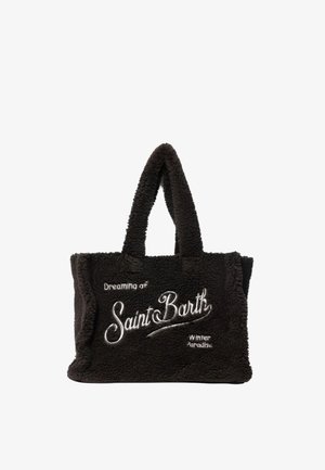 Borsa tote nera pelosa con la scritta ricamata in bianco sul davanti "Dreaming of Saint Barth Winter Paradise" e due manici sulla parte superiore.
