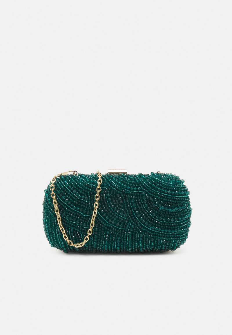 Petit sac pochette ovale vert foncé recouvert de motifs en perles tourbillonnants avec une courte chaîne dorée.