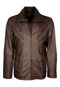 Bruine leren jas met een rits aan de voorkant, een gestructureerde nekkraag van faux shearling en zijzakken. Glad afwerking met een gestructureerd ontwerp.