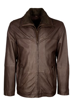 Bruine leren jas met een rits aan de voorkant, een gestructureerde nekkraag van faux shearling en zijzakken. Glad afwerking met een gestructureerd ontwerp.