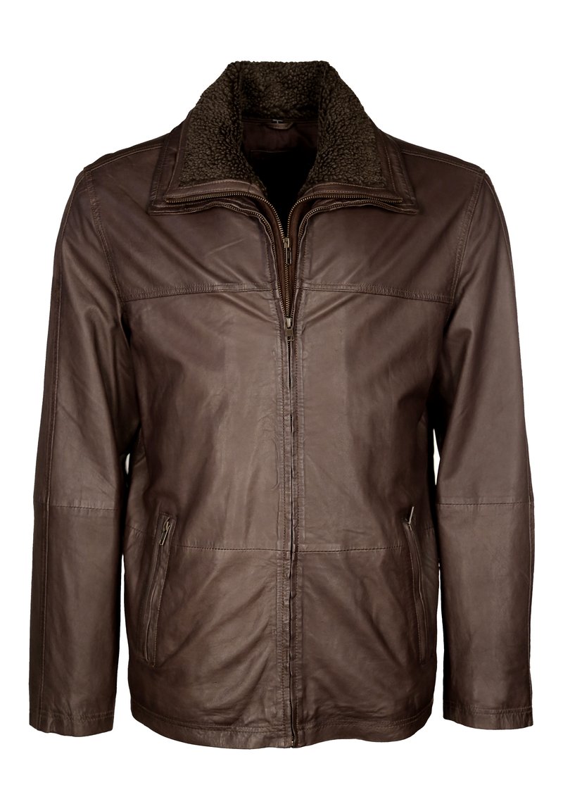 Bruine leren jas met een rits aan de voorkant, een gestructureerde nekkraag van faux shearling en zijzakken. Glad afwerking met een gestructureerd ontwerp.