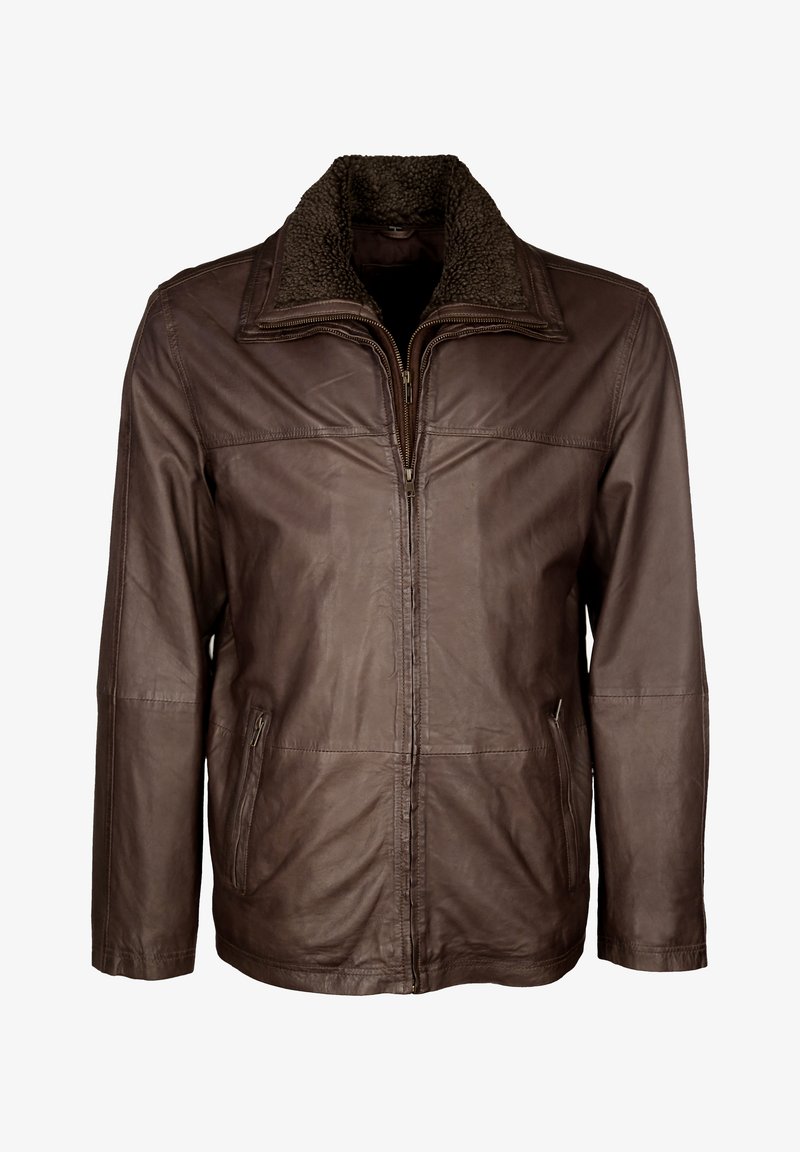 Bruine leren jas met een rits aan de voorkant, een gestructureerde nekkraag van faux shearling en zijzakken. Glad afwerking met een gestructureerd ontwerp.