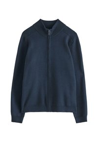 Marinblå zip-up-tröja med hög krage, försedd med ribbade muddar och fåll, slät textur och utan synliga mönster eller detaljer i metal.