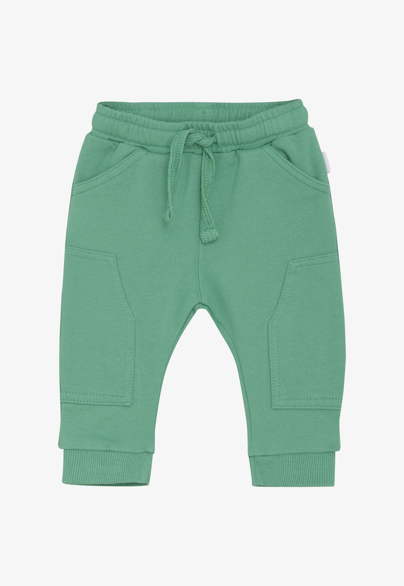 Groene peuter joggingbroek met elastische tailleband, koordje, voorzakken, zijzakken en geribbelde boorden.