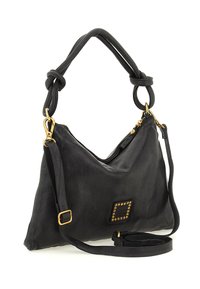 Borsa a tracolla in pelle nera con manici annodati, tracolla staccabile, minuteria in tono oro e una placca quadrata con logo borchiato sul davanti.