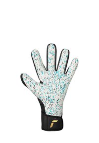 Gant de gardien de but avec un design blanc et bleu tacheté, des accents noirs, une prise texturée et une fermeture de poignet sécurisée.