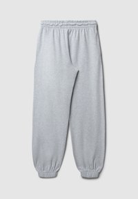 Graue Sweatpants aus weichem Stoff, mit einem elastischen Bund und Bündchen an den Knöcheln, in lockerer Passform und glatter Textur.
