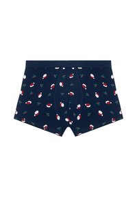 Marineblaue Boxershorts aus Baumwolle mit festlichen Mustern aus Weihnachtsmannmützen und Stechpalmen, ausgestattet mit einem bequemen Bund und einem klassischen Schnitt.