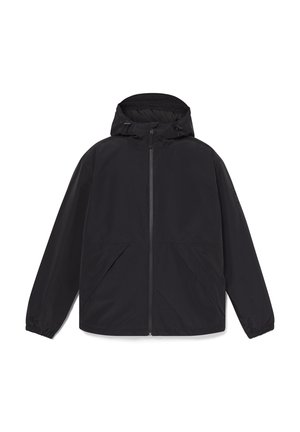Zwarte lichtgewicht jas met een capuchon, vooraan met rits, elastische manchet en twee schuin geplaatste zakken. Glad oppervlak en minimalistischer ontwerp.