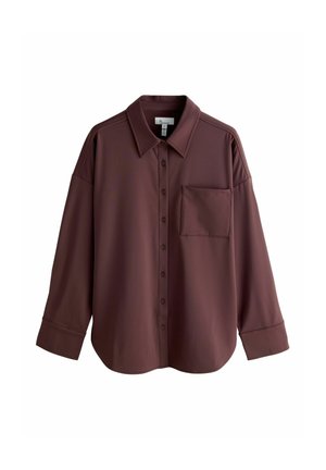 Maroon button-up shirt with a collar, long sleeves, and a single chest pocket. Made of smooth fabric with a relaxed fit and subtle sheen.