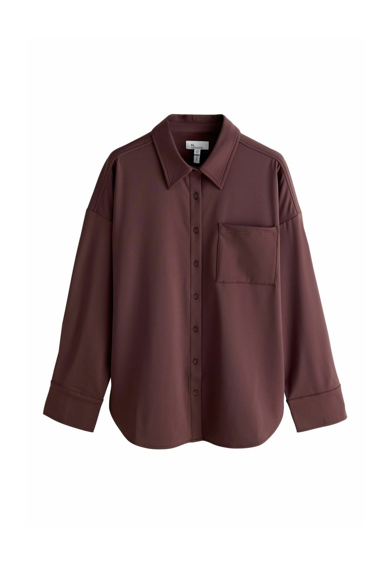 Maroon button-up shirt with a collar, long sleeves, and a single chest pocket. Made of smooth fabric with a relaxed fit and subtle sheen.