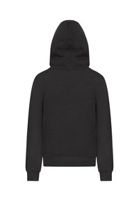 Felpa nera con cappuccio, dalla texture liscia, maniche lunghe, polsini e orlo a costine, e design uniforme. La vista posteriore mostra il cappuccio e i dettagli delle cuciture.