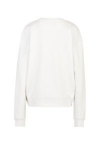 Weißer Sweatshirt, Rundhalsausschnitt, oversize Passform, strukturierter Stoff, gerippte Bündchen und Saum, minimalistisches Design, keine sichtbaren Logos oder Muster.