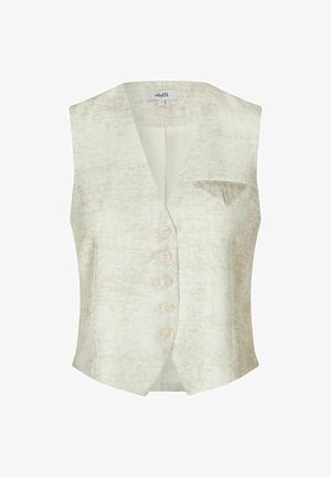 Gilet senza maniche beige chiaro con finitura testurizzata, sei bottoni frontali e una piccola tasca sul petto, caratterizzato da un classico design su misura.
