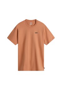 T-shirt a maniche corte in morbido tessuto color pesco con scollo rotondo semplice e un piccolo logo Vans nero sul lato sinistro del petto.