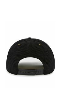 Black corduroy cap featuring ribbed texture, adjustable plastic strap in the back, and two ventilation eyelets on the sides.