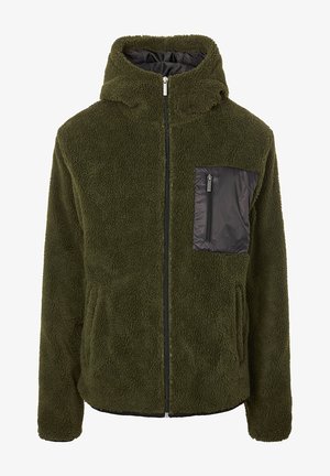 Giacca in pile verde oliva con cappuccio. Presenta una tasca sul petto di colore nero con cerniera e polsini elasticizzati. Tessuto morbido con vestibilità comoda.