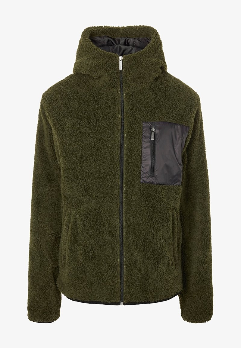 Fleecejack met capuchon in olijfgroen. Voorzien van een zwart borstzakje met rits en elastische manchetten. Zachte textuur met een losse pasvorm.