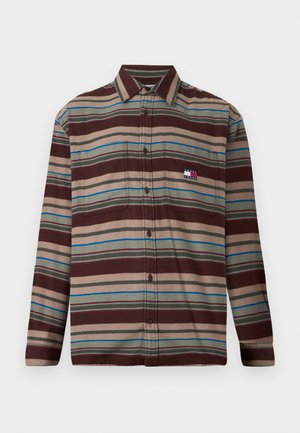 Button-up long-sleeve shirt with horizontal stripes in brown, beige, green, and blue, featuring two chest pockets and a small logo on the left pocket.