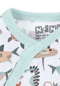 Short-sleeve bodysuit made from 100% organic cotton, featuring a mint green neckline, whimsical fish and seahorse patterns, and snap closures.