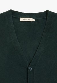Cardigan verde scuro con scollo a V, caratterizzato da una chiusura con un singolo bottone e una texture soffice. Etichetta con "GIANNILUPO" e taglia "L."