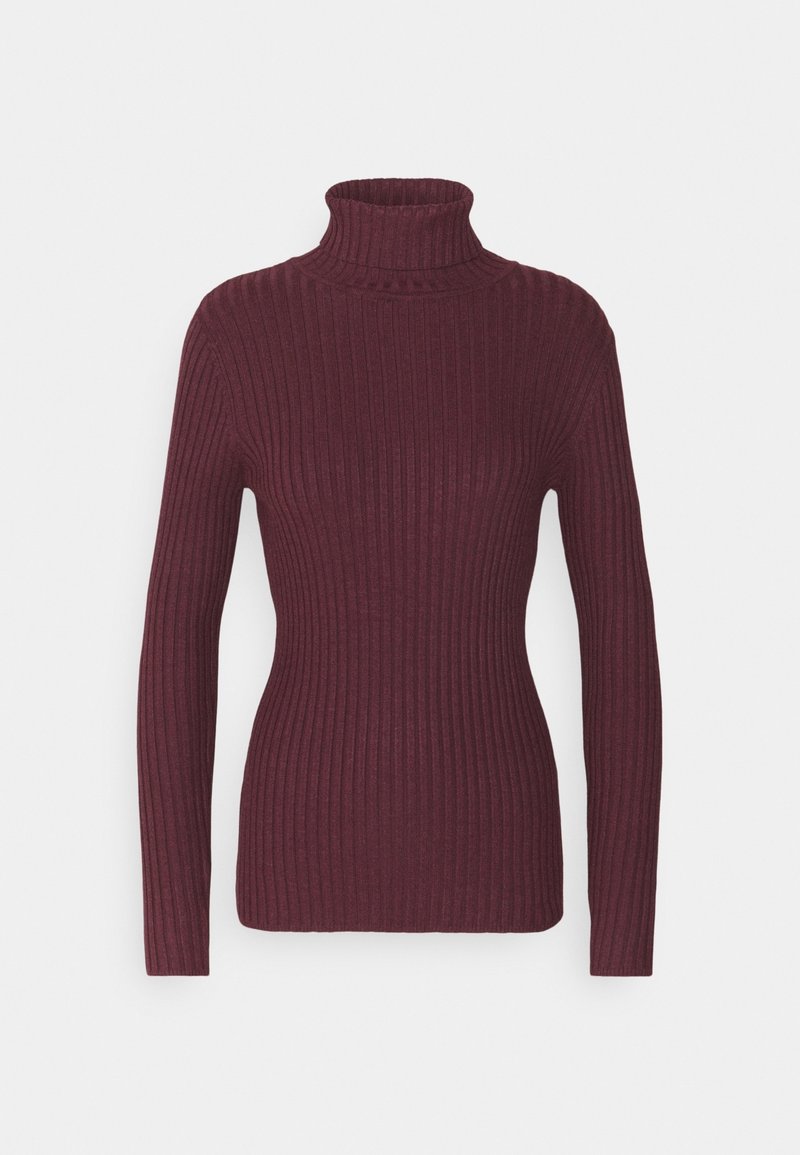 Pull col roulé bordeaux côtelé à manches longues et silhouette ajustée, présenté sur un fond clair uni.