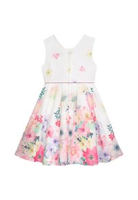 Blumenkleid aus weißem Stoff mit pinken, lila und grünen Blumenmustern, ärmelloses Design und ausgestelltem Rock. Rücken-Reißverschluss.