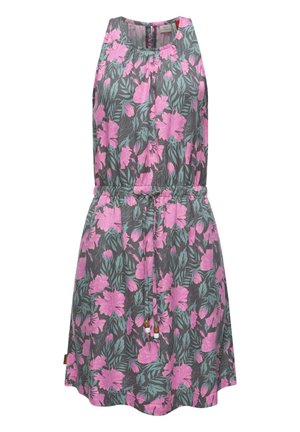 Blommig klänning med en grå bakgrund som har rosa hibiskusblommor och gröna blad, ärmlös design och justerbar dragsko i midjan.