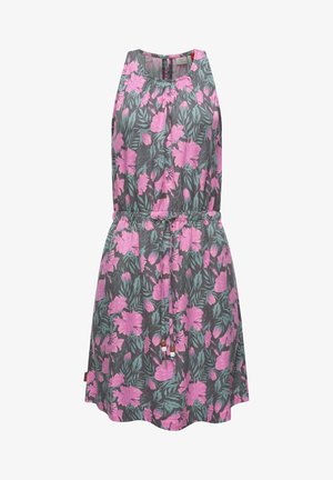 Blomstret kjole med grå bakgrunn, rosa hibiskusblomster og grønne blader, uten ermer, og justerbar snor i midjen.