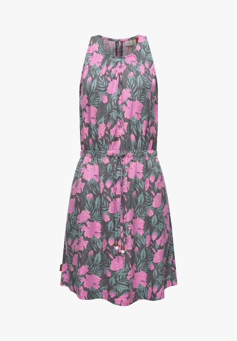 Blumenkleid mit grauem Hintergrund, rosa Hibiskusblüten und grünen Blättern, ärmelloses Design und verstellbarem Kordelzug in der Taille.