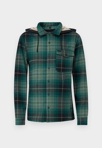 Rutig skjorta i grön och svart. Materialet är tyg. Funktioner inkluderar huood, knappfäste fram och en enda bröstficka. Texturerad yta.