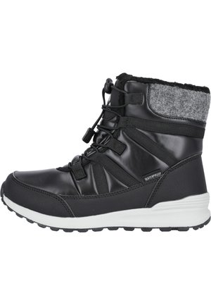Botte de cheville noire imperméable avec un col texturé gris, système de laçage élastique et semelle en caoutchouc blanche. Offre des matériaux durables et un bon soutien.