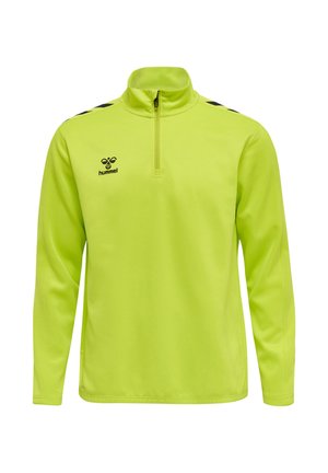 Jasno żółto-zielony sportowy pulower z długim rękawem, zamkiem do trzech czwartych, czarne logo hummel na piersi i czarne pasy w kształcie litery V na ramionach.