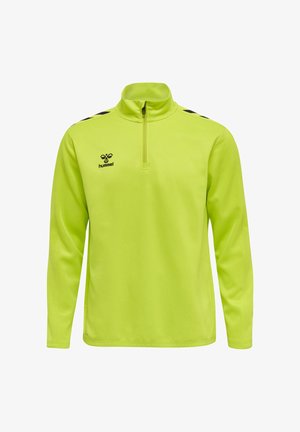 Jasno żółto-zielony sportowy pulower z długim rękawem, zamkiem do trzech czwartych, czarne logo hummel na piersi i czarne pasy w kształcie litery V na ramionach.