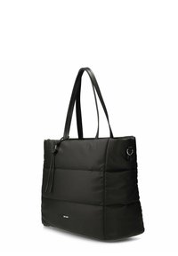 Borsa tote nera imbottita con doppi manici in pelle, caratterizzata da un dettaglio a nodo laterale e finiture in metallo argentato. Texture liscia con sezioni trapuntate.