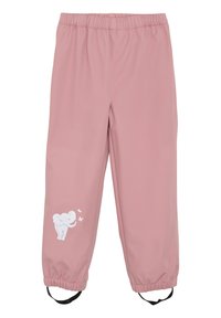 Rosa nylonbyxor med elastisk midja, prydda med en vit elefantgrafik och små fjärilar på den nedre sidan. Inkluderar ankelsnören.