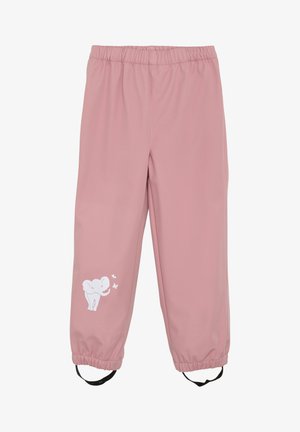 Roze nylon broek met een elastische tailleband, voorzien van een witte olifantgrafiek en kleine vlinders aan de onderzijde. Inclusief enkelriemen.