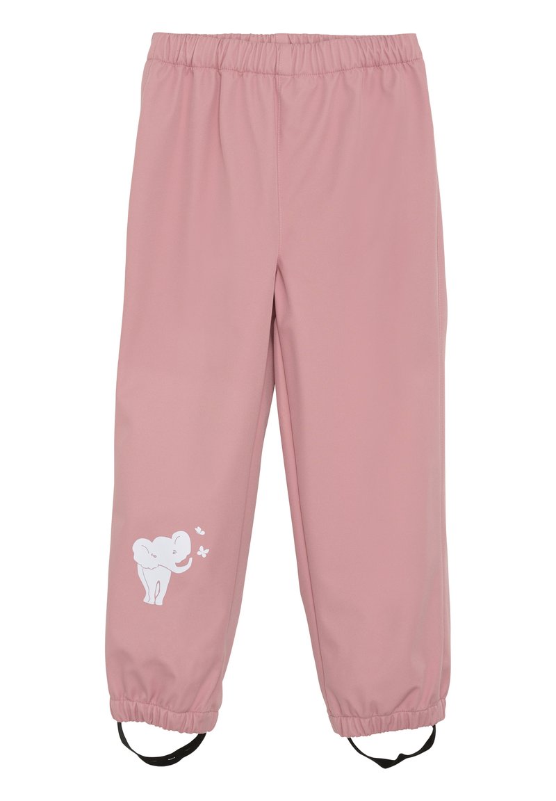 Rosa nylonbyxor med elastisk midja, prydda med en vit elefantgrafik och små fjärilar på den nedre sidan. Inkluderar ankelsnören.