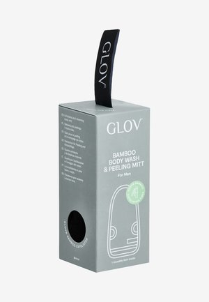 Verpakking voor bambooshampoo en peelinghandschoen, grijs met zwarte accenten, met een vooruitsnijding, hangtag en meertalige tekst.