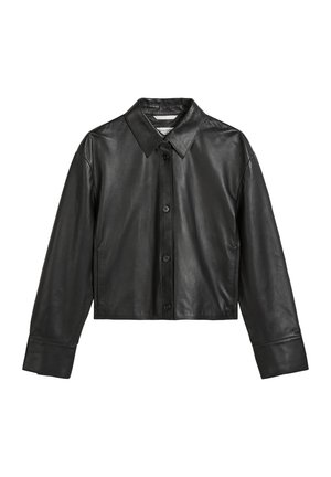 Black leather cropped jacket with a pointed collar, front button closure, and long sleeves. Smooth texture and minimalistic design.