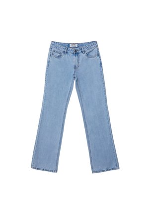 Světle modré zvonové džíny vyrobené z denimu, s pěti kapsami, zipovým zapínáním a jednoduchým prošíváním podél švů.