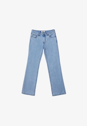 Light blue flared jeans made from denim, featuring five pockets, a zip fly, and a simple stitching design along the seams.