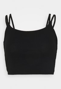 Haut court noir côtelé avec fines bretelles ajustables. Présente une silhouette ajustée et une texture lisse, idéale pour superposer ou une tenue décontractée.