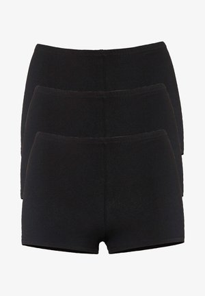 Čierne bavlnené šortky s hladkou textúrou a elastickým pásom. Dizajn je bezšvový s nízkym strihom, dostupný v balení po troch kusoch.