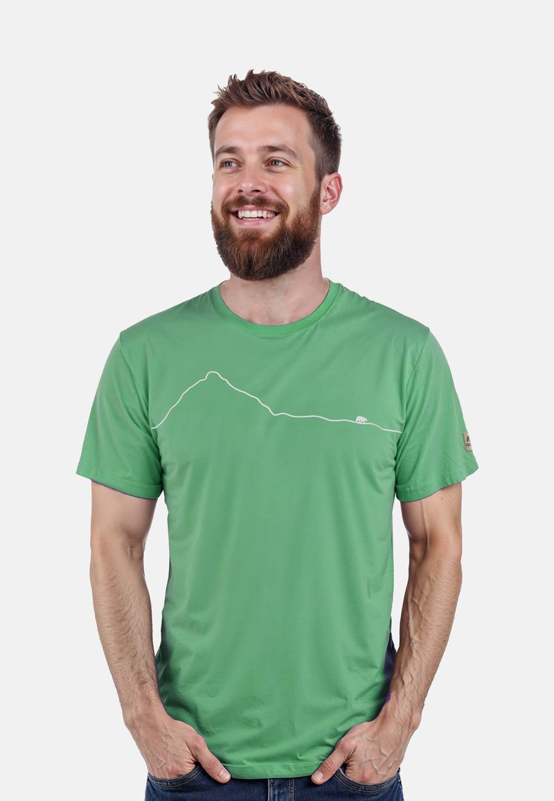 Groenen T-shirt met korte mouwen, gemaakt van zachte stof, met een witte bergsilhouetafbeelding op de voorkant, een ronde halslijn en een ontspannen pasvorm.