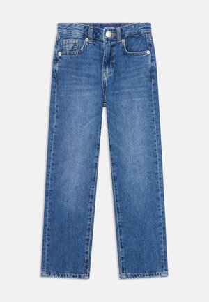 Blue straight-leg denim jeans with five pockets, belt loops, and a silver button closure at the waist on a white background.