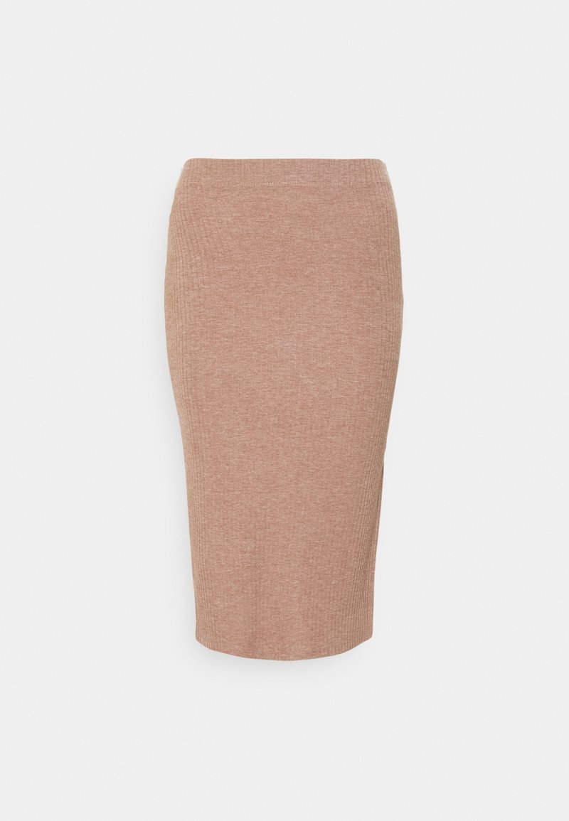 Jupe crayon côtelée ajustée longueur genou en marron clair avec une taille haute, présentée sur fond blanc.