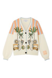 Cream cardigan with orange and blue stripes, featuring embroidered palm trees, fans, and a cart, fastened by dark buttons.
