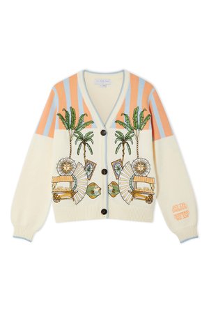 Cream cardigan with orange and blue stripes, featuring embroidered palm trees, fans, and a cart, fastened by dark buttons.