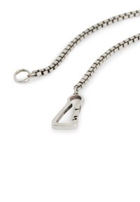 Silver chain with flat links and a distinctive lock-shaped clasp. The clasp features an open section, showcasing its metallic texture.